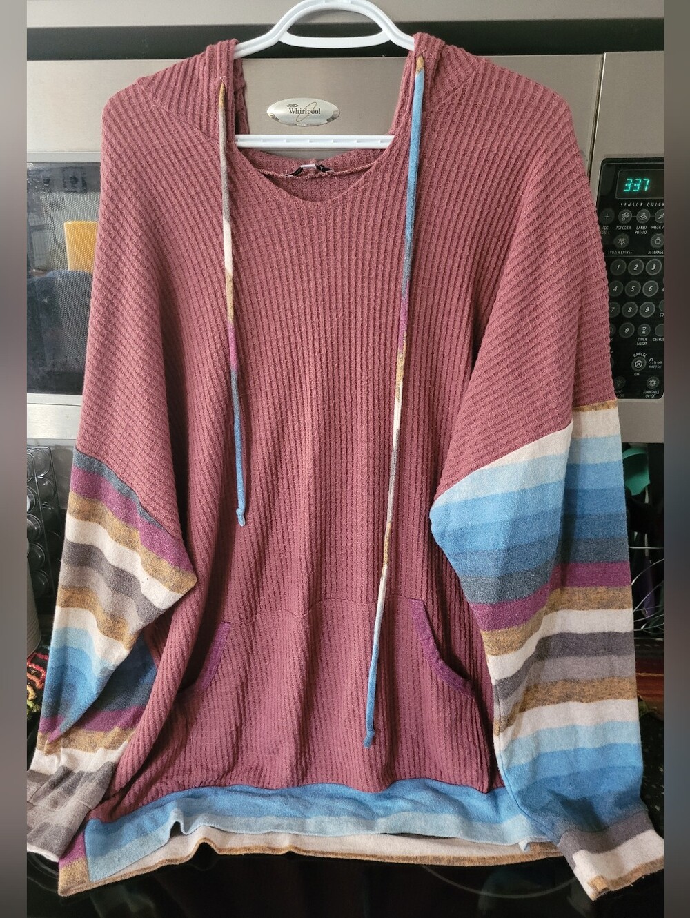 White Birch Mauve Hoodie with Multicolor Striped Sleeves